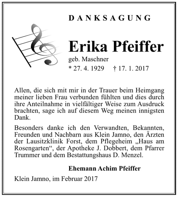 Danksagung Erika Pfeiffer, geb. Maschner