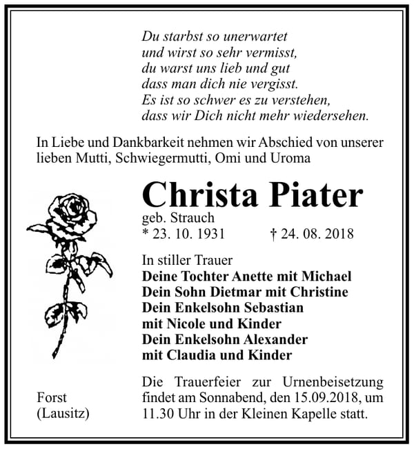 Traueranzeige Christa Piater, geb. Strauch
