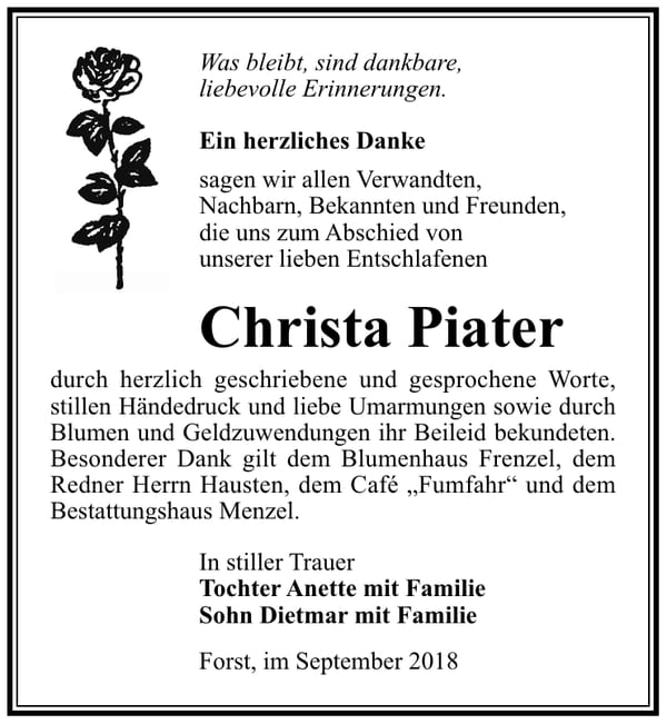 Danksagung Christa Piater