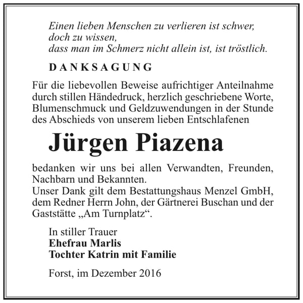 Danksagung Jürgen Piazena