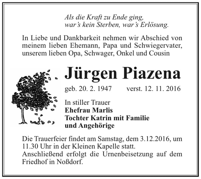 Traueranzeige Jürgen Piazena