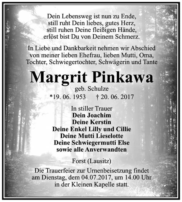 Traueranzeige Margrit Pinkawa, geb. Schulze