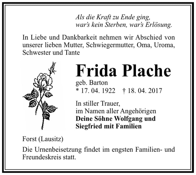 Traueranzeige Frida Plache, geb. Barton