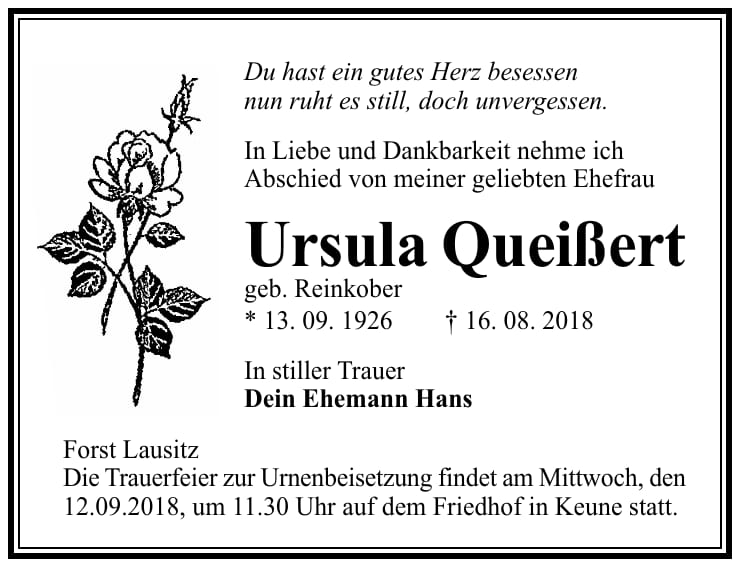 Traueranzeige Ursula Queißert, geb. Reinkober