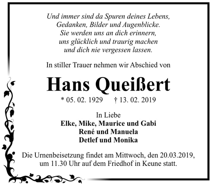 Traueranzeige Hans Queißert