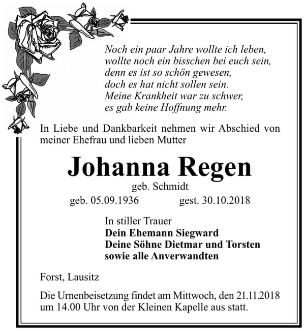 Traueranzeige Johanna Regen, geb. Schmidt