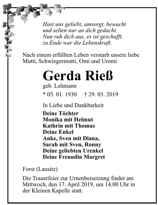 Traueranzeige Gerda Rieß, geb. Lehmann