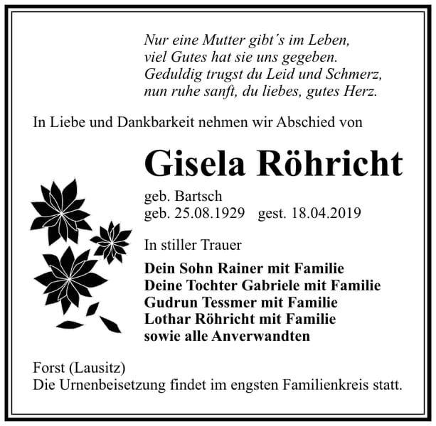 Traueranzeige Gisela Röhricht, geb. Bartsch