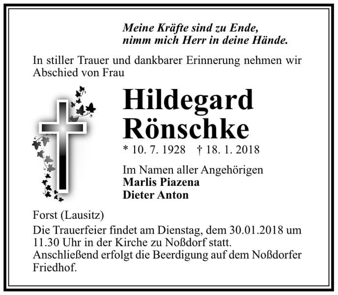 Traueranzeige Hildegard Rönschke