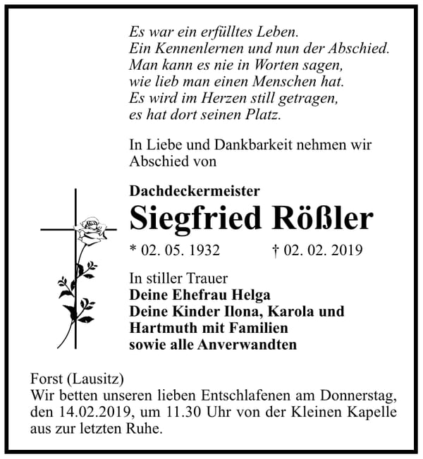 Traueranzeige Siegfried Rößler