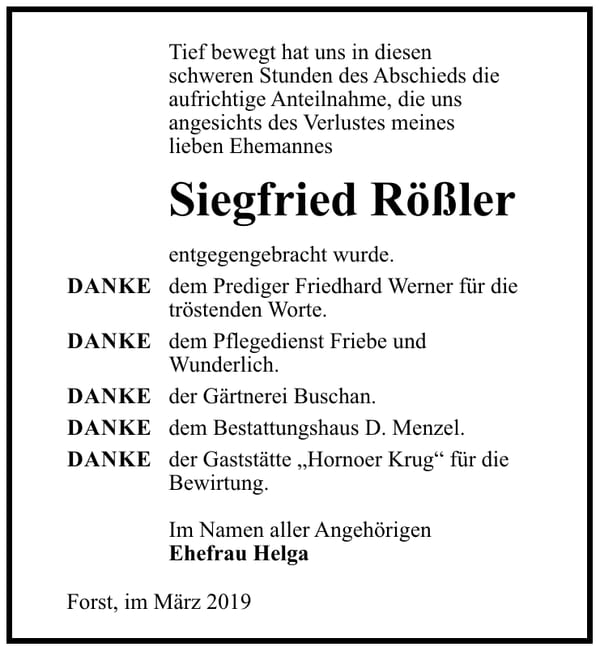Traueranzeige Siegfried Rößler