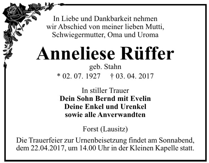 Traueranzeige Anneliese Rüffer, geb. Stahn