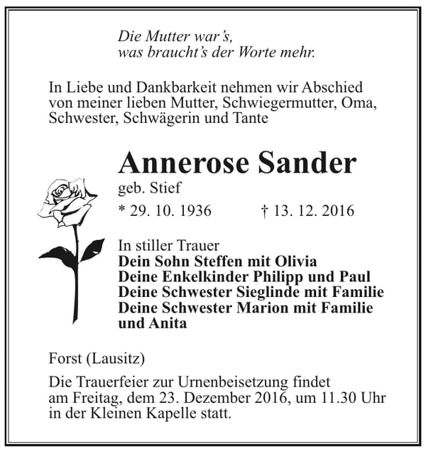 Traueranzeige Annerose Sander, geb. Stief