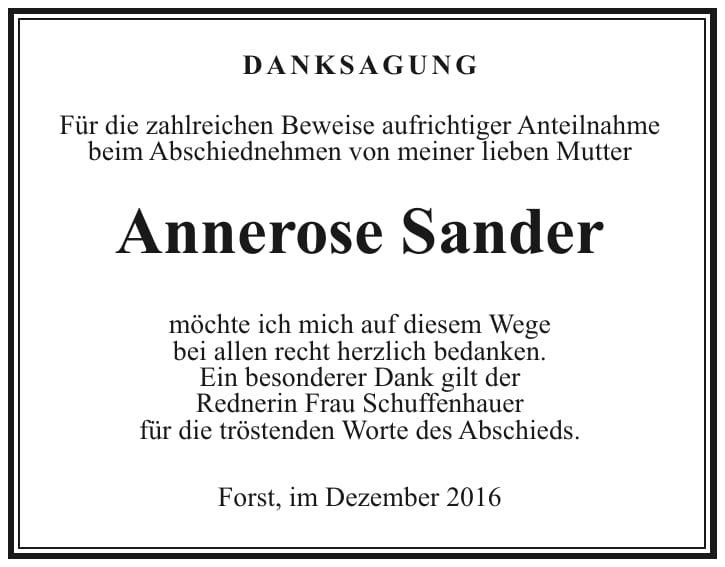 Danksagung Annerose Sander