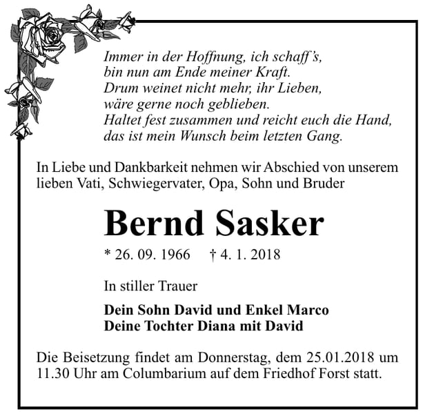 Traueranzeige Bernd Sasker