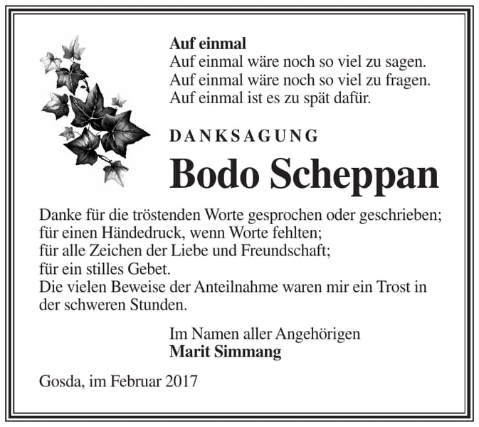Danksagung Bodo Scheppan