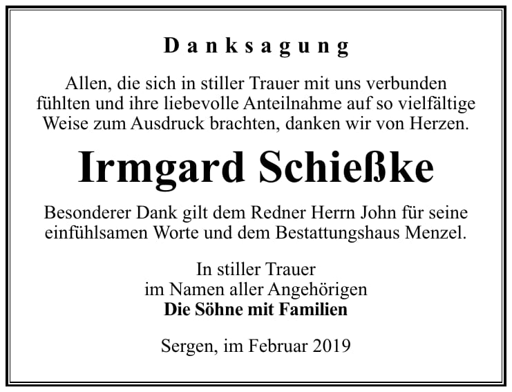 Traueranzeige Irmgard Schießke