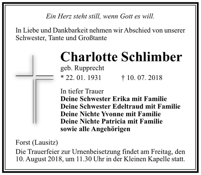Traueranzeige Charlotte Schlimber, geb. Rupprecht