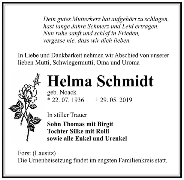 Traueranzeige Helma Schmidt, geb. Noack
