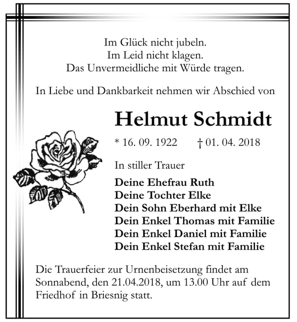 Traueranzeige Helmut Schmidt