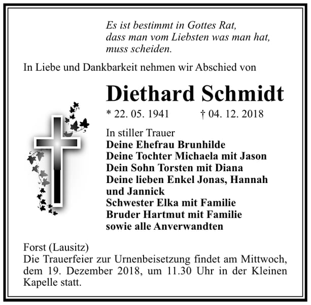 Traueranzeige Diethard Schmidt