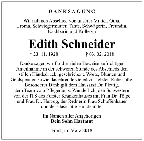 Danksagung Edith Schneider