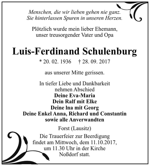 Traueranzeige Luis-Ferdinand Schulenburg