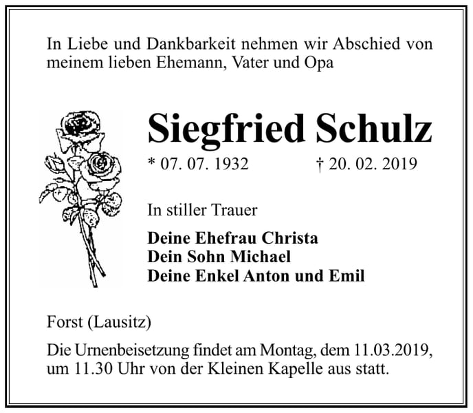 Traueranzeige Siegfried Schulz