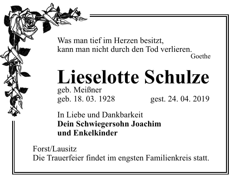 Traueranzeige Lieselotte Schulze, geb. Meißner