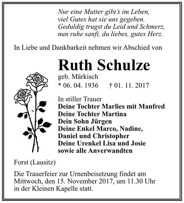 Traueranzeige Ruth Schulze, geb. Märkisch