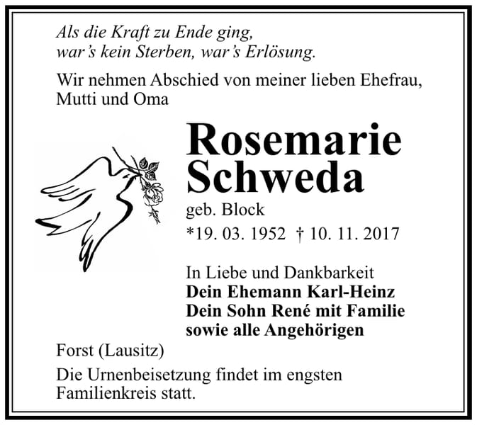 Traueranzeige Rosemarie Schweda, geb. Block