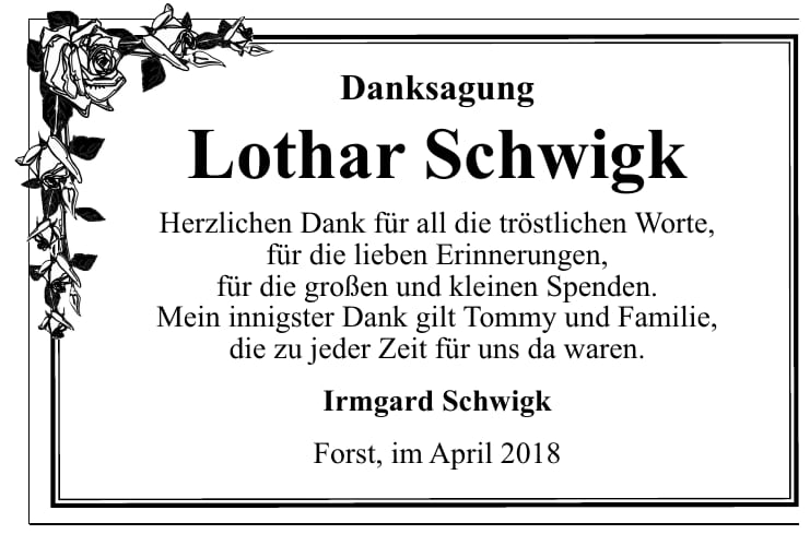 Danksagung Lothar Schwigk
