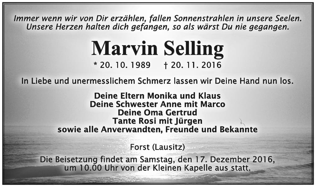 Traueranzeige Marvin Selling