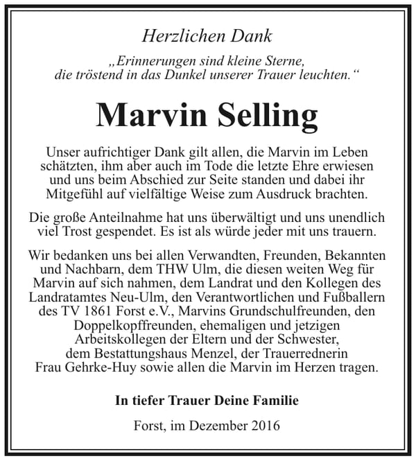 Danksagung Marvin Selling