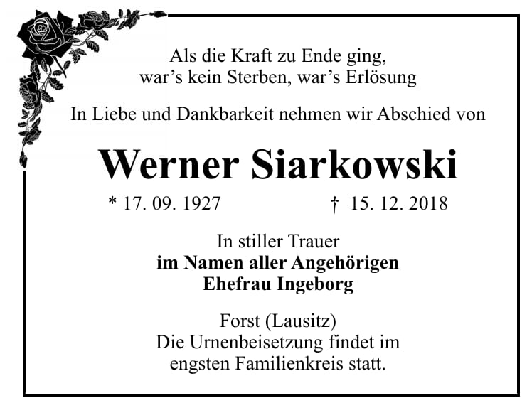 Traueranzeige Werner Siarkowski