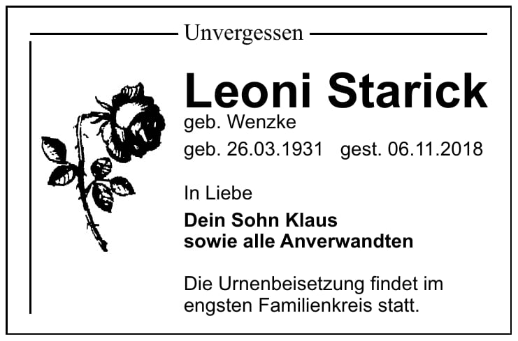 Traueranzeige Leoni Starick, geb. Wenzke