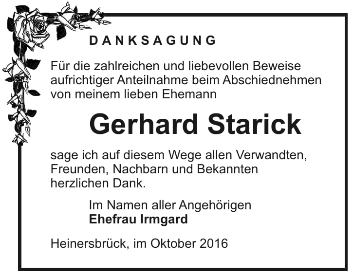Danksagung Gerhard Starick
