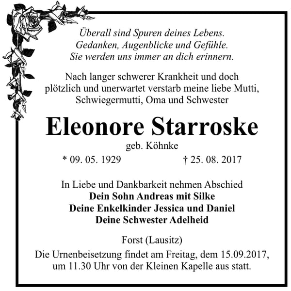 Traueranzeige Eleonore Starroske, geb. Köhnke