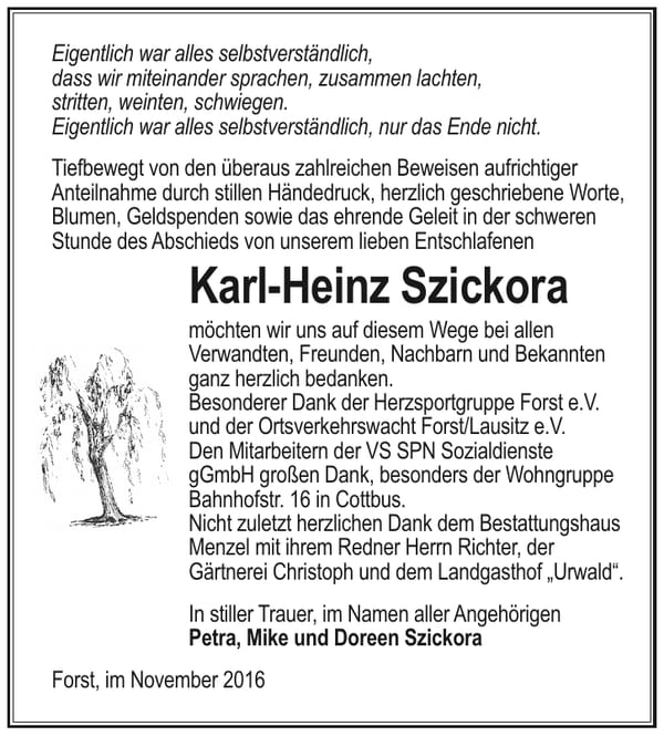 Danksagung Karl-Heinz Szickora