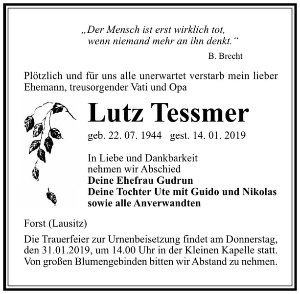 Traueranzeige Lutz Tessmer
