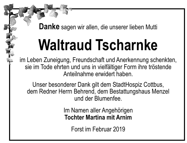 Traueranzeige Waltraud Tscharnke