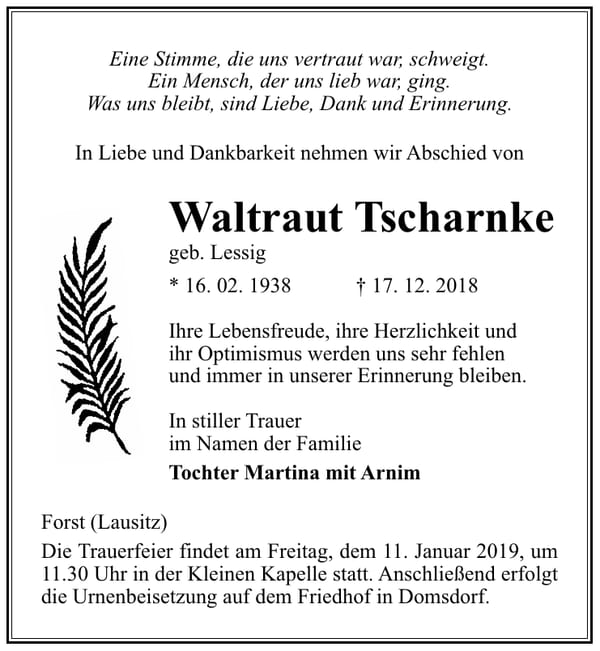 Traueranzeige Waltraut Tscharnke, geb. Lessig