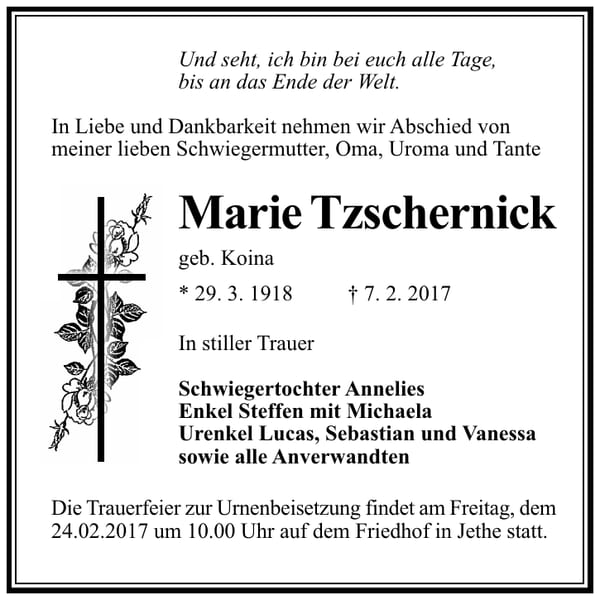 Traueranzeige Marie Tzschernick, geb. Koina