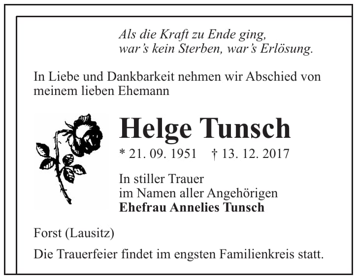 Traueranzeige Helge Tunsch