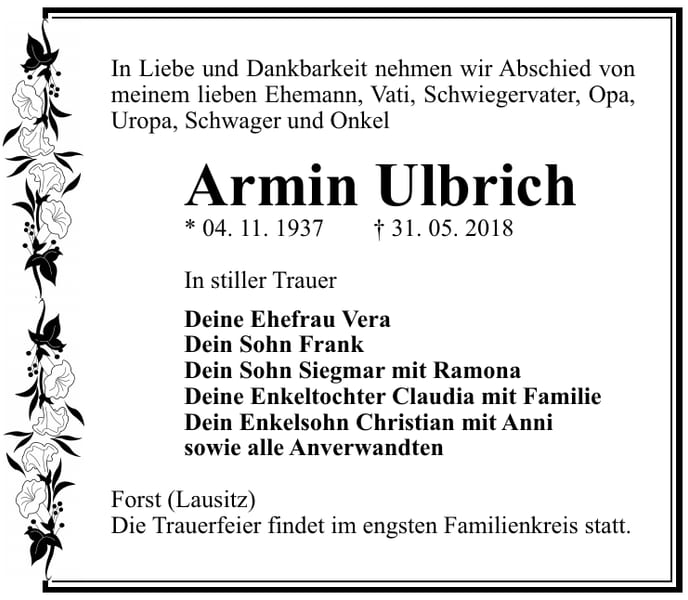 Traueranzeige Armin Ulbrich