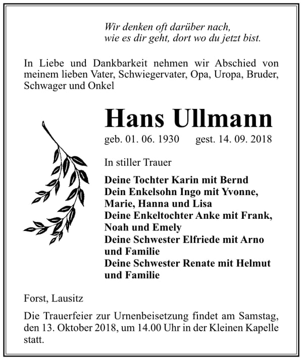 Traueranzeige Hans Ullmann