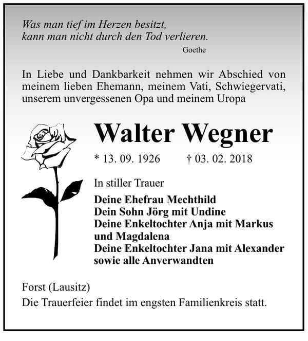 Traueranzeige Walter Wegner
