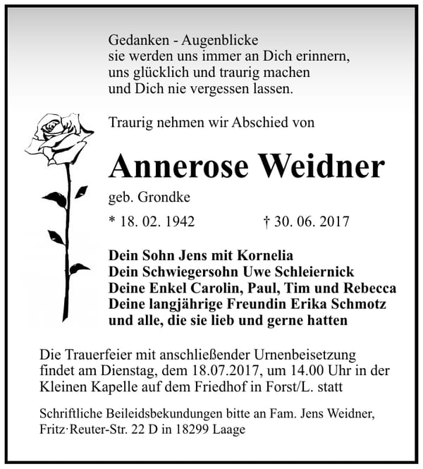 Traueranzeige Annerose Weidner, geb. Grondke