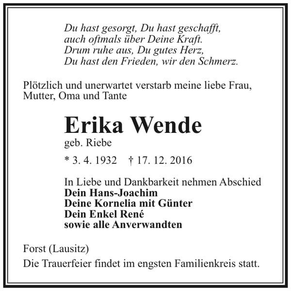 Traueranzeige Erika Wende, geb. Riebe