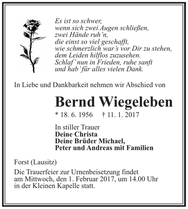 Traueranzeige Bernd Wiegeleben